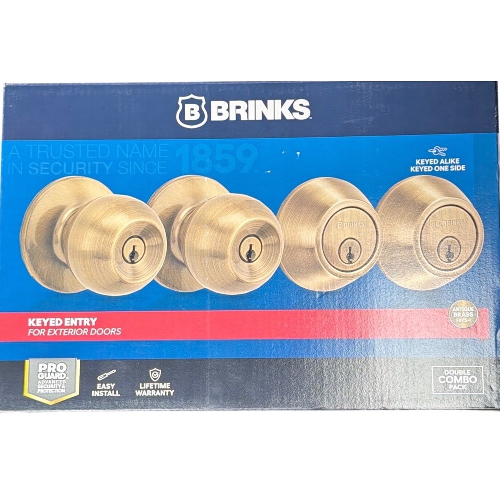 Brinks Keyed Entry Door Knob and Deadbolt Double Combo Antique Brass 4 Piece